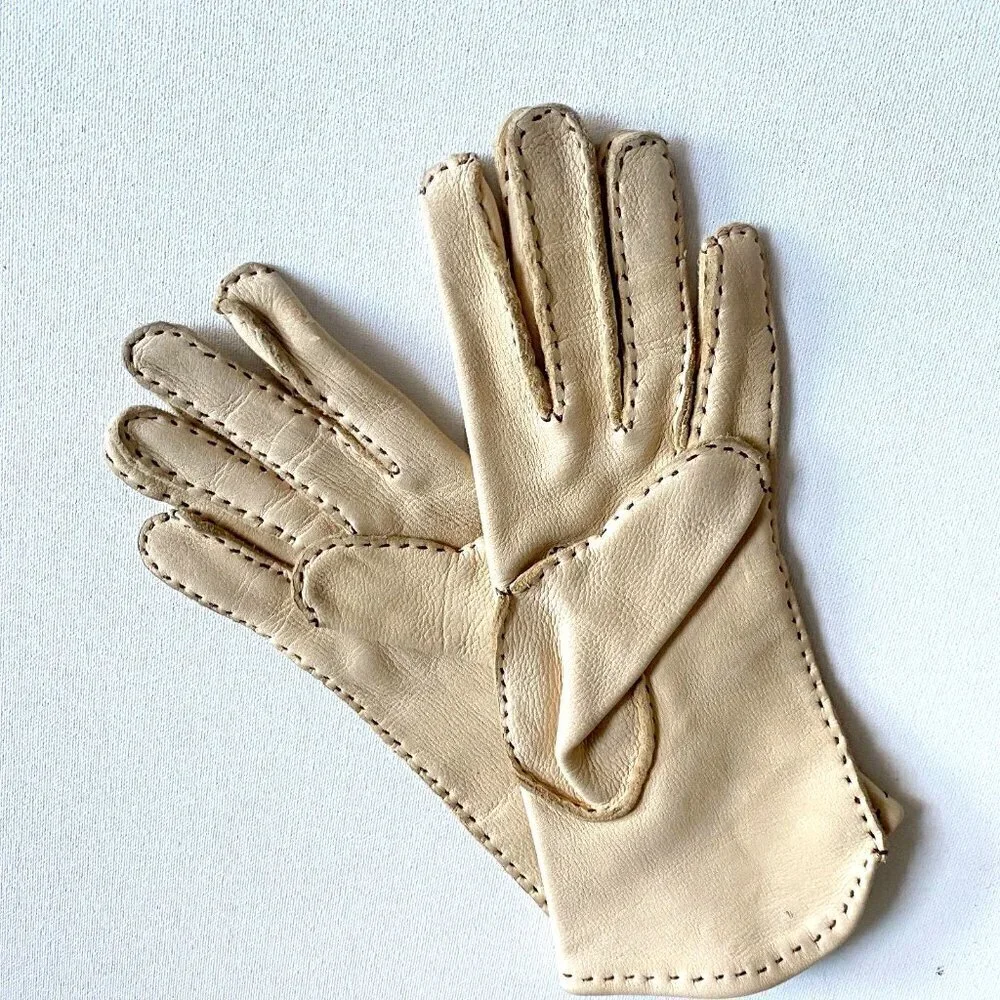 Vintage Light Camel Fine Deerskin Stitch Detail Gloves S